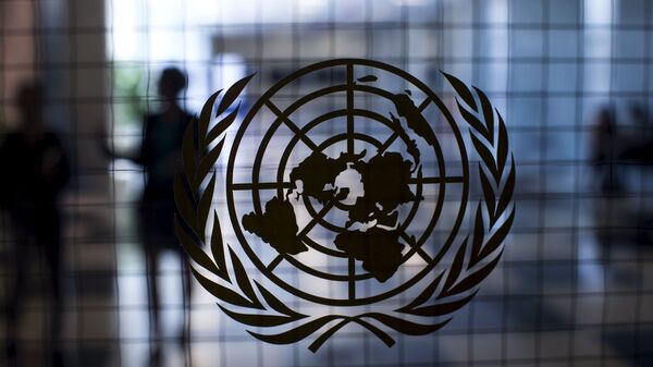 A United Nations logo is seen on a glass door in the Assembly Building at the United Nations headquarters in New York City September 18, 2015 - Sputnik Mundo