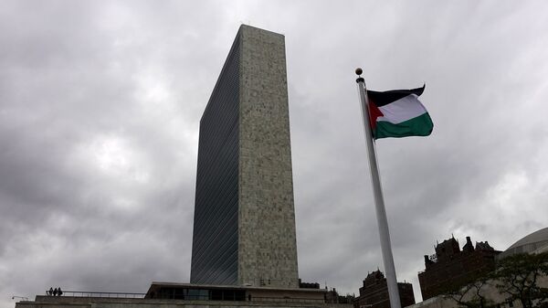 Bandera de Palestina en la sede de la Organización de Naciones Unidas en Nueva York - Sputnik Mundo