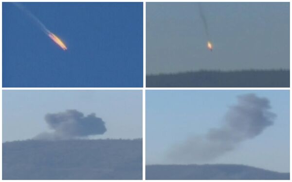 Кадры падения подбитого российского самолета Су-24 на границе Сирии и Турции - Sputnik Mundo