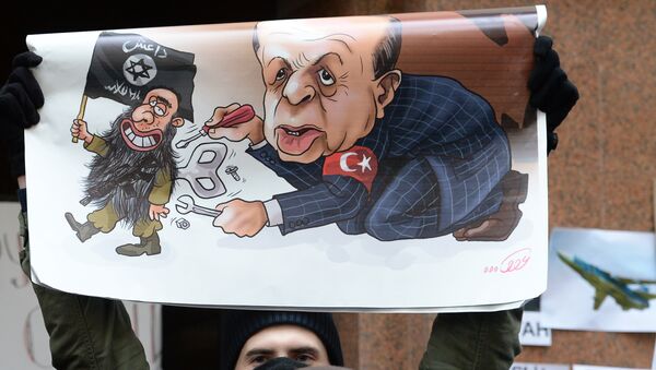 Un cartel con caricatura de Erdogan - Sputnik Mundo