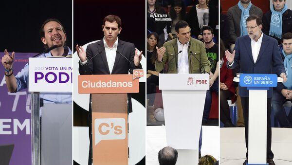 Pablo Iglesias, Albert Rivera, Pedro Sánchez, Mariano Rajoy (i-d) - Sputnik Mundo