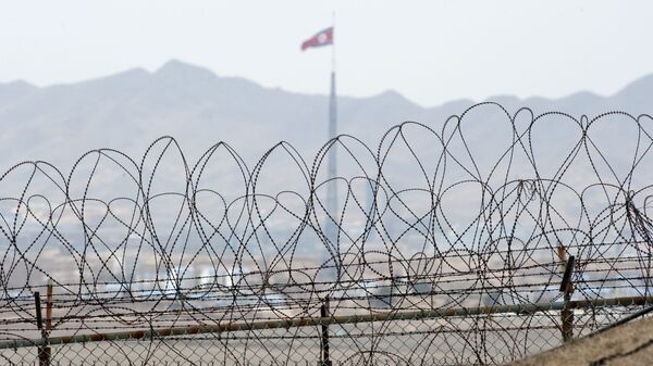 A North Korean flag behind the barbed wire of the Demilitarized Zone (DMZS) in the Joint Security Area near Panmunjom on the border between North and South Korea - Sputnik Mundo