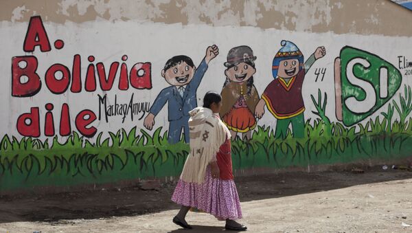Una mujer aymara pasa junto a un mural en favor del presidente Evo Morales, en El Alto, Bolivia - Sputnik Mundo