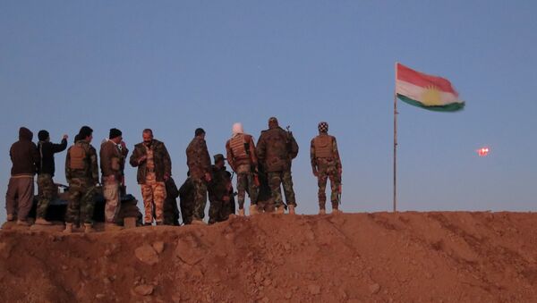 Militantes de Peshmerga cerca de la bandera de Kurdistán iraquí - Sputnik Mundo