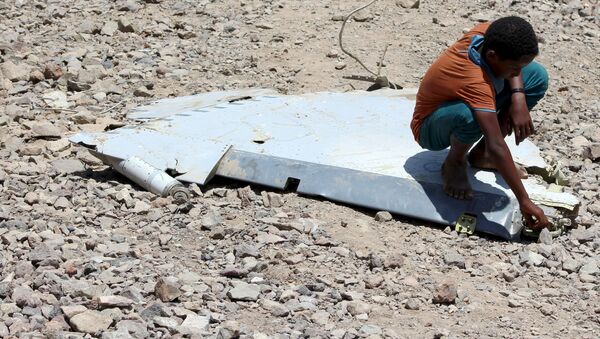 Un niño sentado en un fragmento del avión de Emiratos Arabes estallado en Yemen - Sputnik Mundo