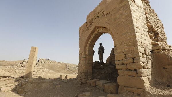 A man stands inside a monument at the historical town of Baraqish in Yemen's al-Jawf province after it was taken over by pro-government forces from Houthi fighters - Sputnik Mundo