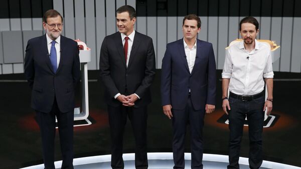 Los candidatos del Partido Popular, Mariano Rajoy; del PSOE, Pedro Sánchez; de Ciudadanos, Albert Rivera y de Podemos, Pablo Iglesias - Sputnik Mundo
