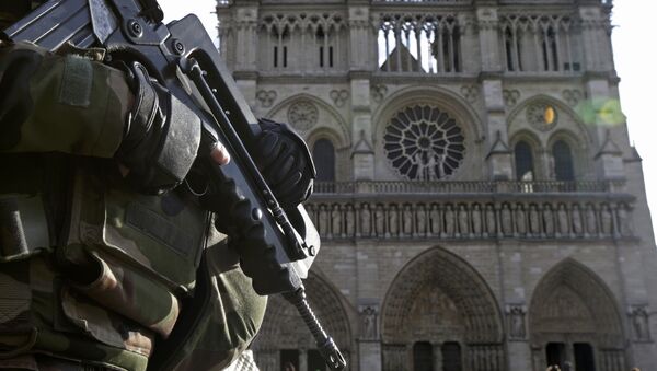 Soldado frances frente a la catedral Notre Dame en París - Sputnik Mundo