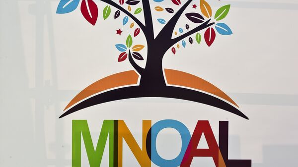 The logo of the Non-Aligned Movement (NAM) is pictured at the media center during the summit of the organization, in Porlamar, Margarita Island, Venezuela - Sputnik Mundo