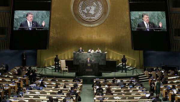 El presidente de Colombia, Juan Manuel Santos, durante su discurso en la Asamblea General de la ONU - Sputnik Mundo