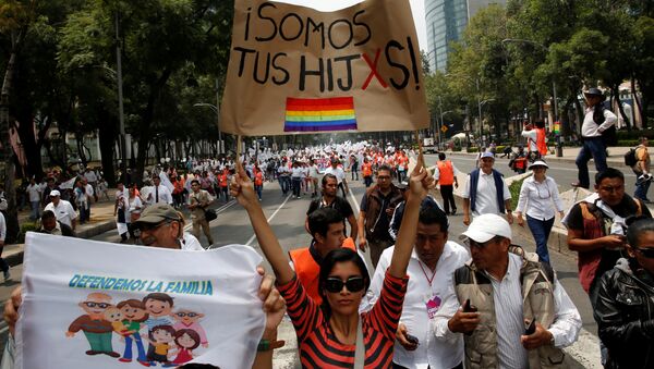 A woman holds a sign near the Angel of Independence monument in support for the legalization of gay marriage while others behind participate in a protest march against it and defend their interpretation of traditional family values, in Mexico City, Mexico - Sputnik Mundo