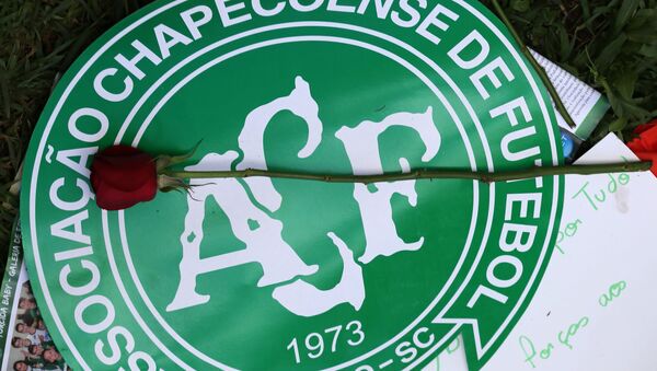 A flower is pictured over a Chapecoense soccer team logo in tribute to their players in front of the Arena Conda stadium in Chapeco - Sputnik Mundo