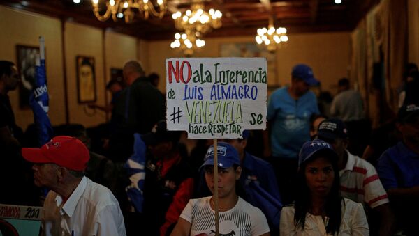 A government supporter holds a placard that reads No to the interference of Luis Almagro. Venezuela is respected during the news conference of Venezuela's Foreign Minister Rodriguez, in Caracas - Sputnik Mundo