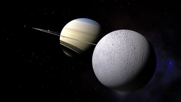 Encélado orbita alrededor de Saturno (ilustración gráfica) - Sputnik Mundo