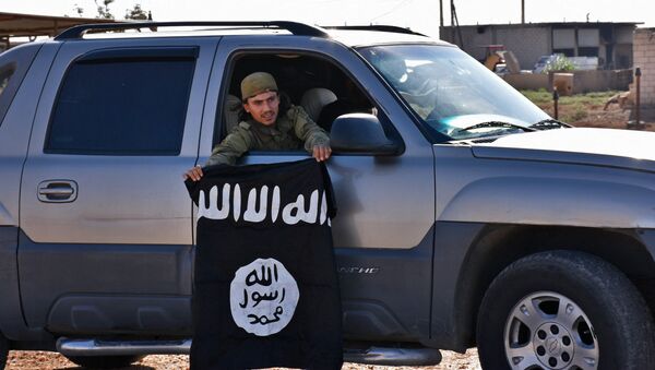 Un combatiente pro-gubernamental sirio demuestra la bandera de Daesh sacada de una aldea liberada - Sputnik Mundo