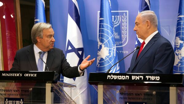 Secretario general de la ONU, António Guterres, y primer ministro de Israel, Benjamín Netanyahu - Sputnik Mundo