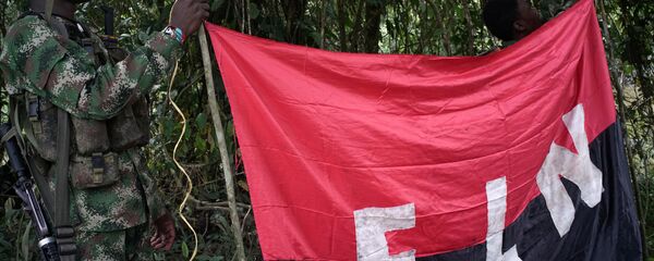 Los rebeldes del Ejército de Liberación Nacional (ELN) sostienen un estandarte en las selvas del noroeste de Colombia Los rebeldes del Ejército de Liberación Nacional (ELN) sostienen un estandarte en las selvas del noroeste de Colombia - Sputnik Mundo