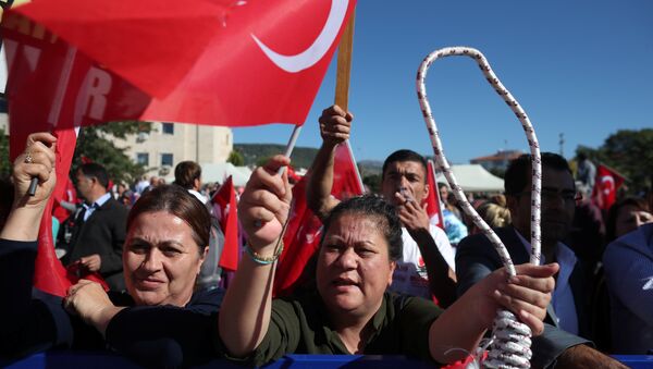 Simpatizantes del presidente de Turquía el día del juicio contra los acusados del golpe de Estado - Sputnik Mundo