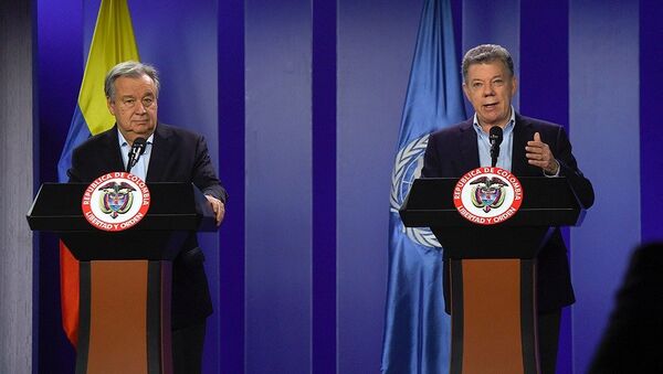Secretario General de la Organización de Naciones Unidas, António Guterres, y presidente de Colombia, Juan Manuel Santos - Sputnik Mundo