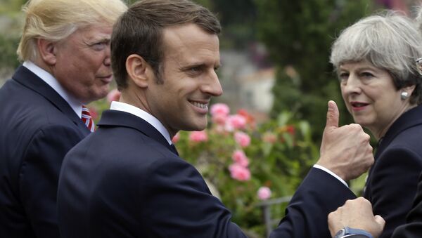 Donald Trump, Emmanuel Macron y Theresa May durante el foro G7 en Taormina (Italia), 26 de mayo de 2017 - Sputnik Mundo