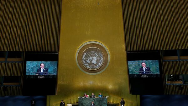 El presidente de Guatemala, Jimmy Morales, durante su discurso en la Asamblea General de la ONU - Sputnik Mundo