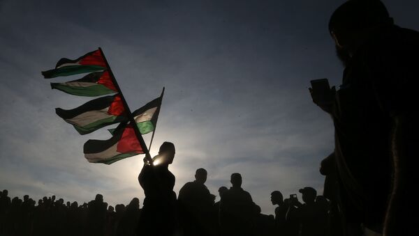 Banderas de Palestina durante las protestas en Gaza - Sputnik Mundo