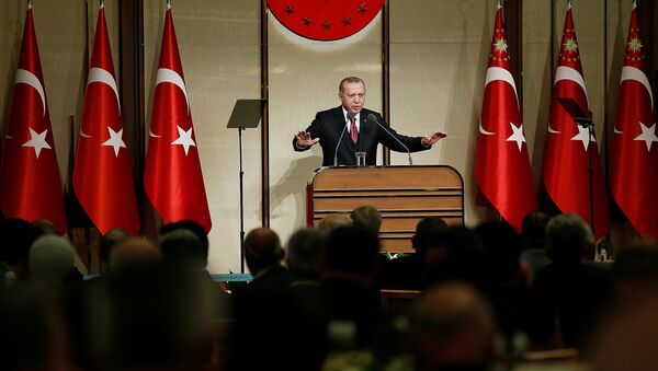 El presidente turco, Tayyip Erdogan, pronuncia un discurso en el Palacio Presidencial en Ankara, Turquía - Sputnik Mundo