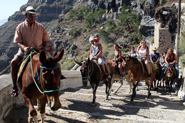 Emprendedor de la isla de Santorini saca a sus burros y caballos temprano en la mañana para atender a los turistas Emprendedor de la isla de Santorini saca a sus burros y caballos temprano en la mañana para atender a los turistas - Sputnik Mundo
