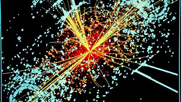 Un ejemplo de simulación a partir de los datos de la desintegración de dos protones de muy alta energía generando un Bosón de Higgs en el decaimiento en dos haces de hadrones y dos electrones en el detector CMS del LHC en el CERN. - Sputnik Mundo
