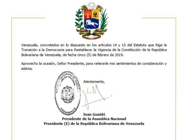 Firma de Juan Guaidó sobre la solicitud enviada al 'presidente de Suiza' - Sputnik Mundo