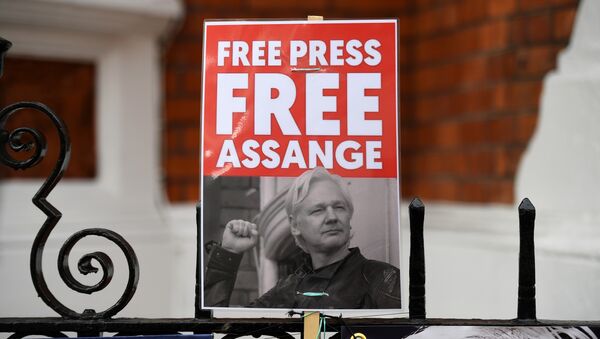 Activistas con la foto de Julian Assange piden su libertad - Sputnik Mundo