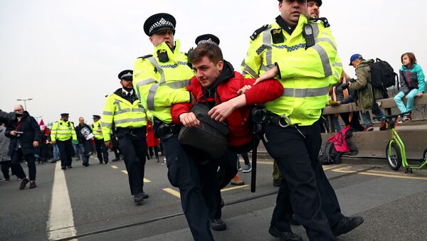 La Policía británica diene a los manifestantes por violar las normativas del orden público durante protestas ecologistas en Londres - Sputnik Mundo