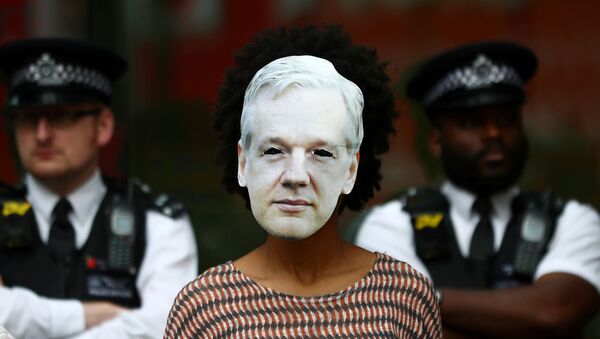 Careta con el rostro del ciberactivista Julian Assange - Sputnik Mundo
