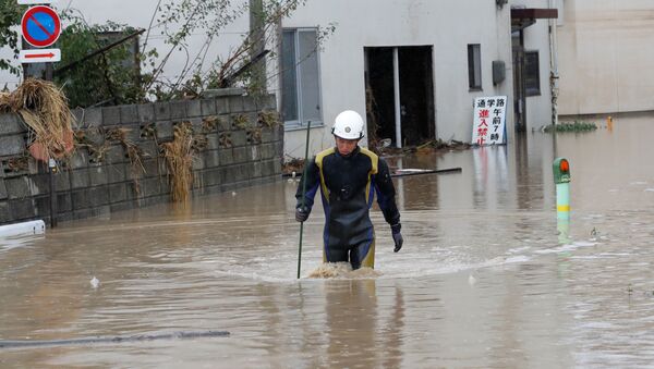 Un rescatista japonés tras el tifón Hagibis - Sputnik Mundo