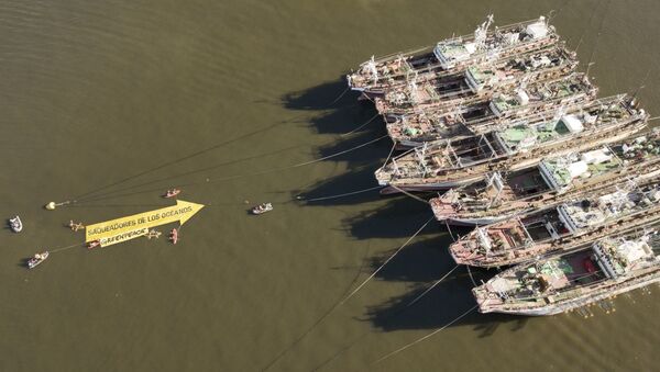 Campaña de Greenpeace contra los buques pesqueros surcoreanos en el puerto de Montevideo - Sputnik Mundo