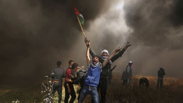 Manifestantes en la Franja de Gaza con la bandera de Palestina - Sputnik Mundo
