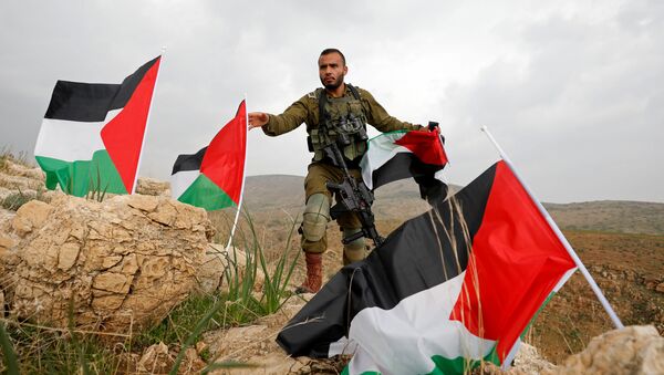 Un soldado israelí quita las banderas palestinas - Sputnik Mundo
