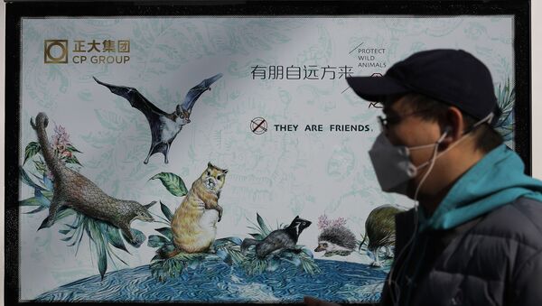 Un hombre con mascarilla puesta pasa cerca de un póster publicitario que promueve la protección de los animales salvajes - Sputnik Mundo