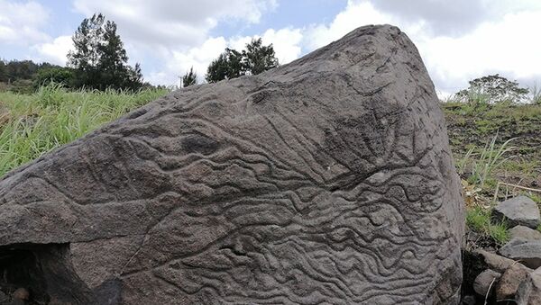 Petroglifo usado como 'piedra-mapa', en las faldas del volcán de Fuego de Colima, México - Sputnik Mundo